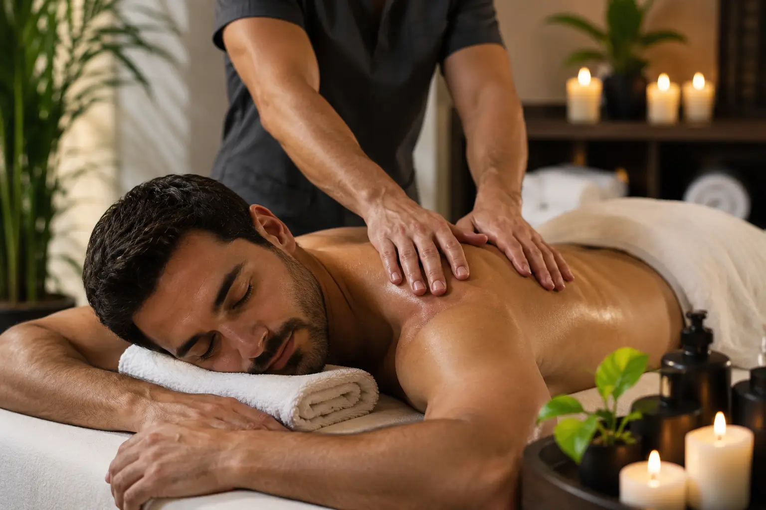 A professional full-body massage session featuring a relaxed adult man receiving a back massage from a therapist in a tranquil spa setting with soft lighting, candles, and natural décor, representing wellness, stress relief, and muscle recovery.