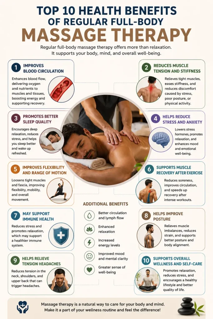 top 10 health benefits of regular full-body massage therapy, including improved circulation, reduced muscle tension, better sleep quality, stress relief, enhanced flexibility, exercise recovery, immune support, posture improvement, headache relief, and overall wellness, with a central image of a man receiving a massage and supporting wellness icons.