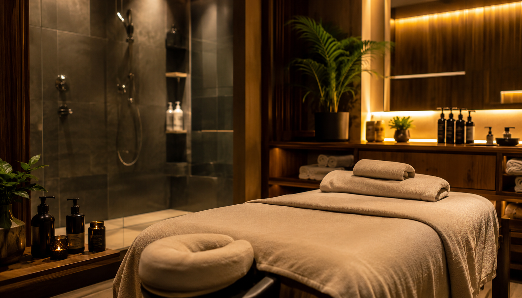 The Best Wellness Gift for Men in NYC in 2026: Why Massage and Self-Care Matter More Than Ever Luxurious men's spa treatment room featuring a neatly prepared massage table, warm ambient lighting, natural wood finishes, soft towels, indoor plants, and a modern walk-in shower, creating a calm and relaxing wellness atmosphere.