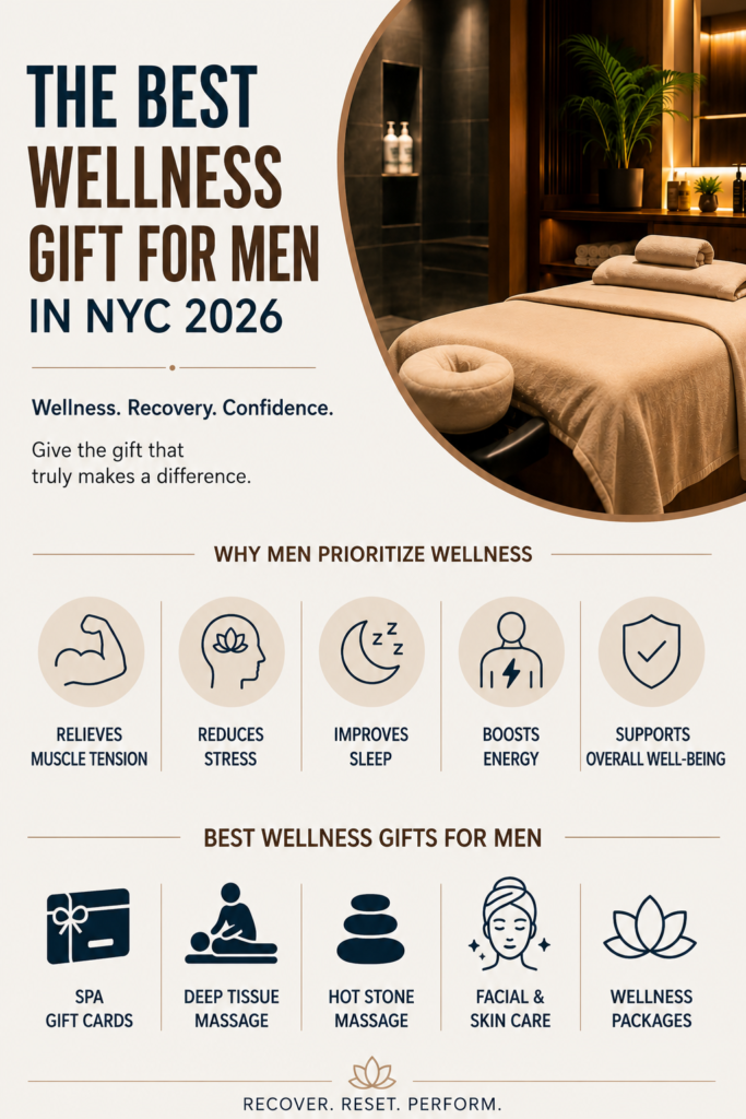 Modern wellness infographic featuring a luxurious spa treatment room with warm ambient lighting, alongside minimalist icons highlighting the benefits of massage therapy, stress relief, improved sleep, muscle recovery, skincare, and wellness experiences for men in NYC. The design uses a clean beige and navy color palette with no business name or address displayed.