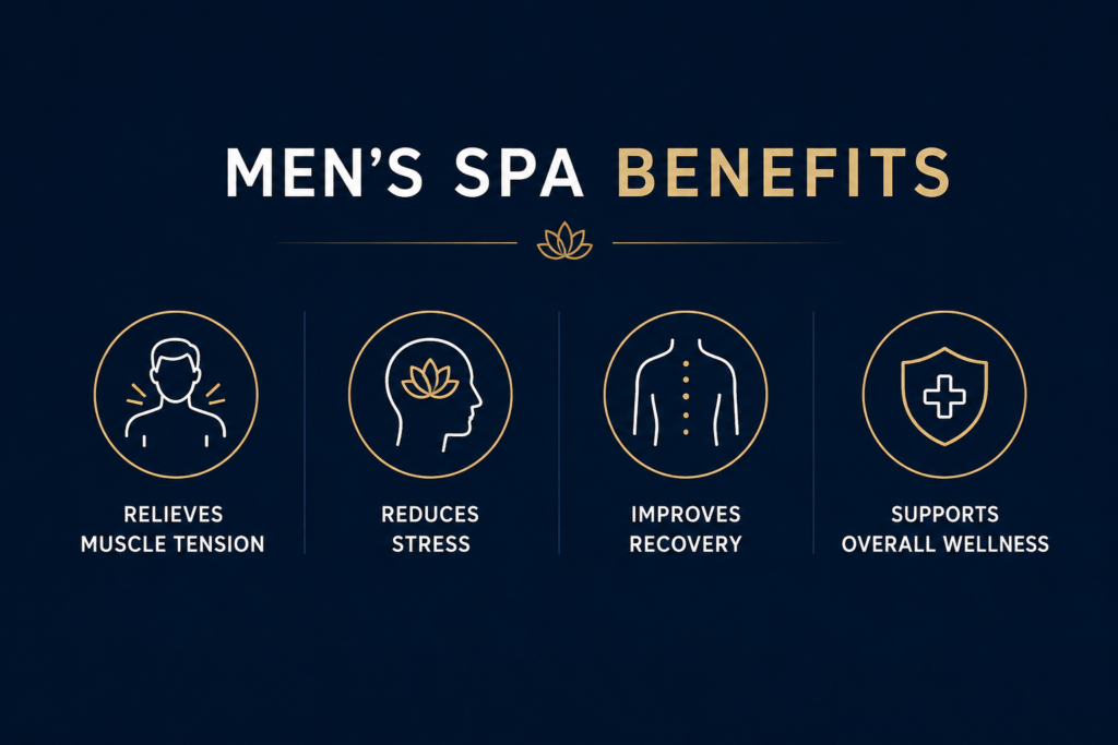 Modern men's spa benefits infographic featuring clean blue and white icons highlighting muscle tension relief, stress reduction, faster recovery, and overall wellness on a minimalist professional design.