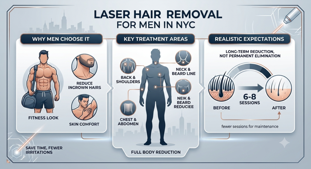 An infographic titled "LASER HAIR REMOVAL FOR MEN IN NYC" is presented in a modern, clean design with three rounded rectangular panels against a light blue-grey background featuring a subtle NYC skyline and geometric lines.