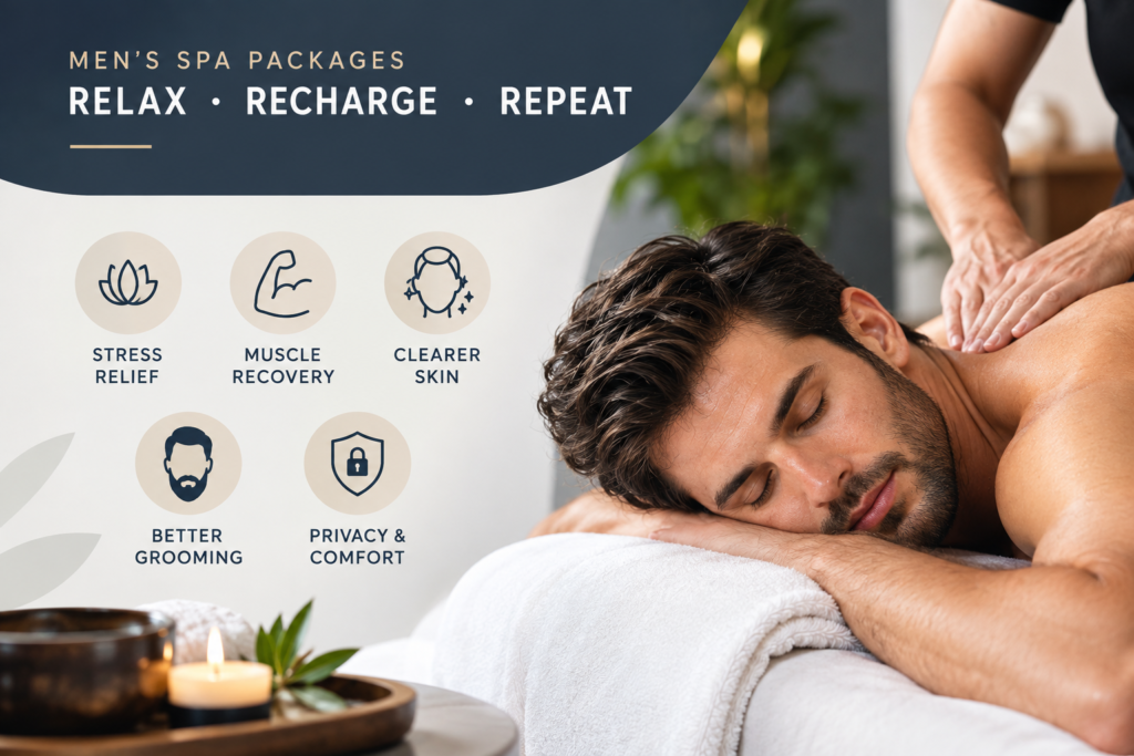 Men’s spa packages infographic highlighting stress relief, muscle recovery, clearer skin, better grooming, and privacy and comfort, alongside a man receiving a relaxing back massage.